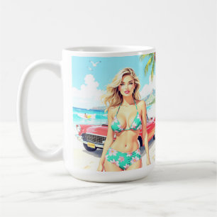 Flickan på stranden med en klassisk bil kaffemugg