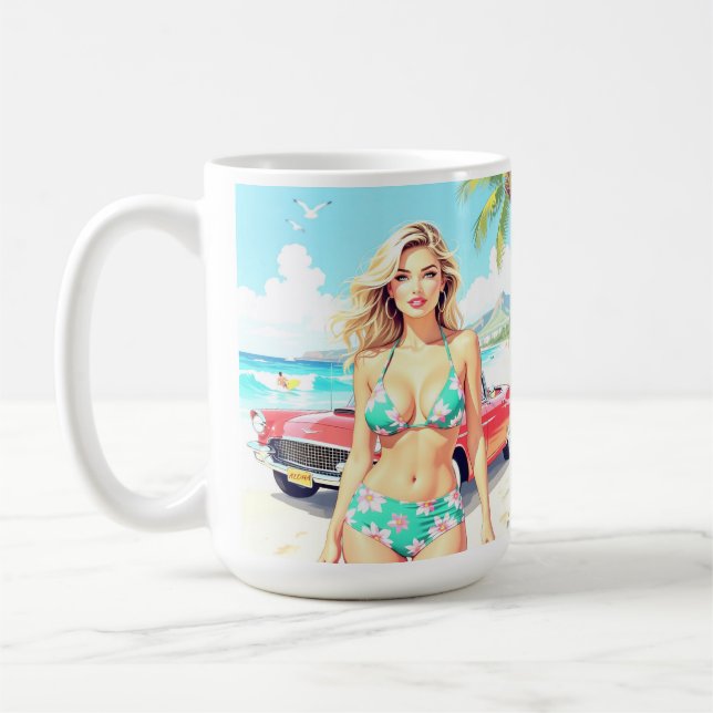 Flickan på stranden med en klassisk bil kaffemugg (Vänster)