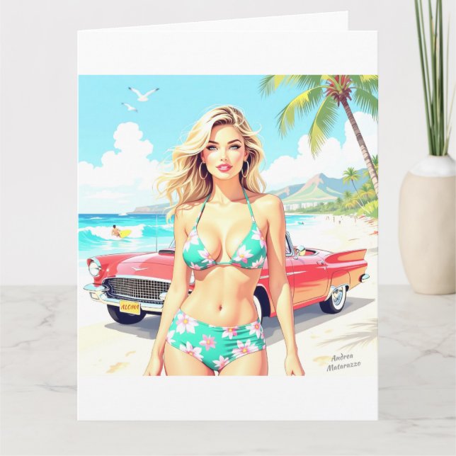 Flickan på stranden med en klassisk bil kort (Framsida)