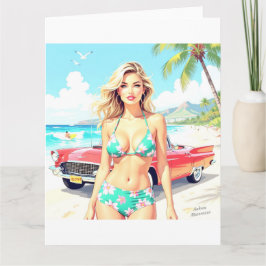 Flickan på stranden med en klassisk bil kort