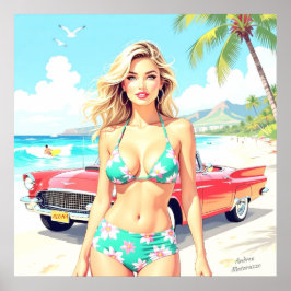Flickan på stranden med en klassisk bil poster