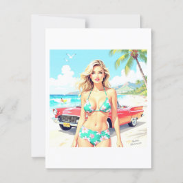 Flickan på stranden med en klassisk bil vykort