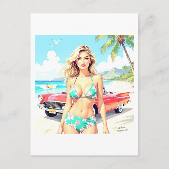 Flickan på stranden med en klassisk bil vykort (Framsida)