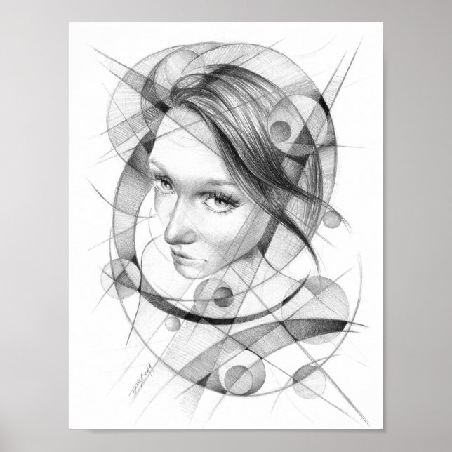 Flickan porträtt Teckning art Geometric Circles Li Poster (Framsidan)