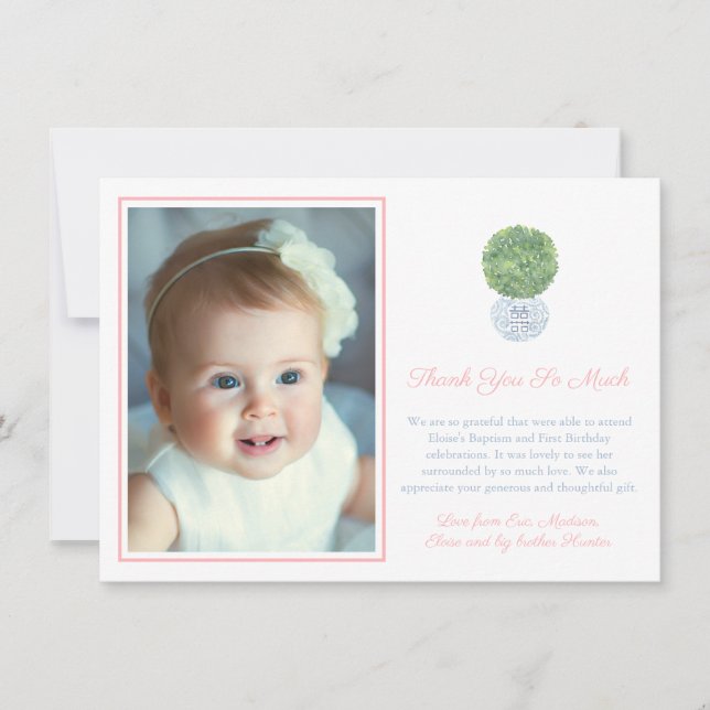 Flickan Poted Boxwood Birthday Christening Photo Tack Kort (Framsida)