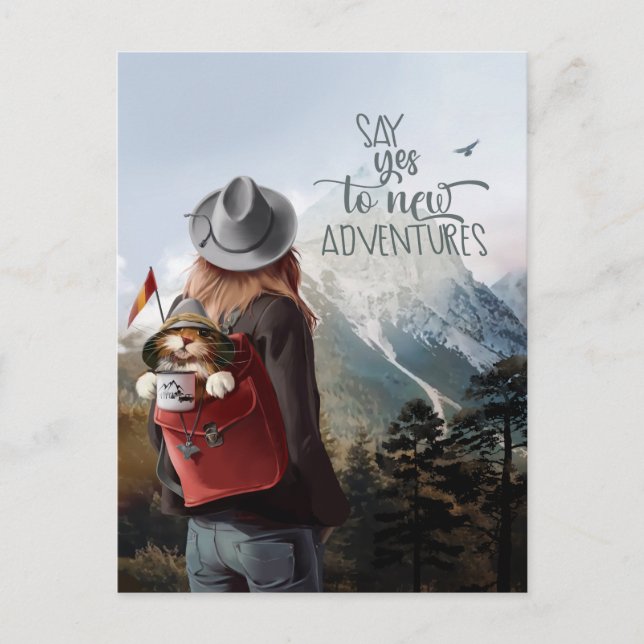 Flickan reser med en katt i ryggsäck vykort (Framsida)