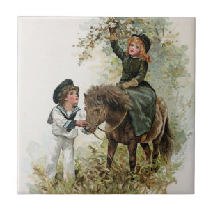 Flickan rider Shetland ponnyvintage Kakelplatta