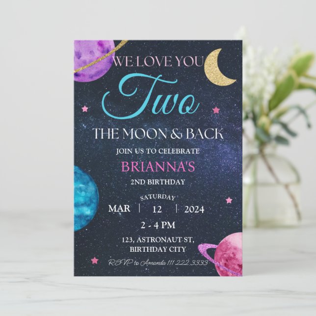 Flickan Rymden 2:a födelsedagen 2:a Måne Rosan Inbjudningar (Stående Fram)