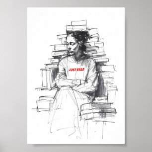 Flickan Sitta på Bok Throne - "Just Read" Poster
