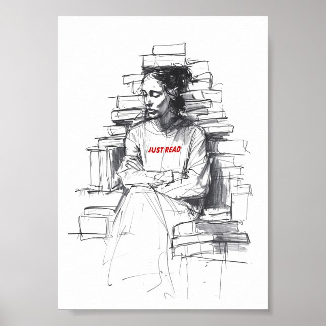 Flickan Sitta på Bok Throne - "Just Read" Poster (Framsidan)