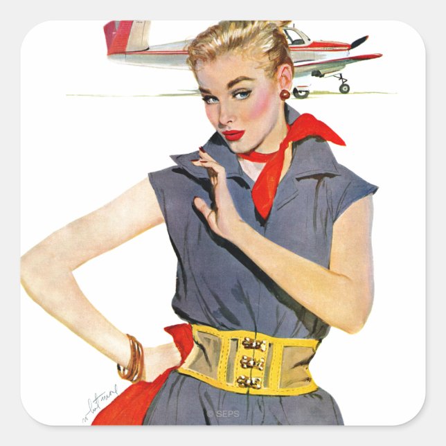 Flickan som studerar flygplan fyrkantigt klistermärke (Framsida)