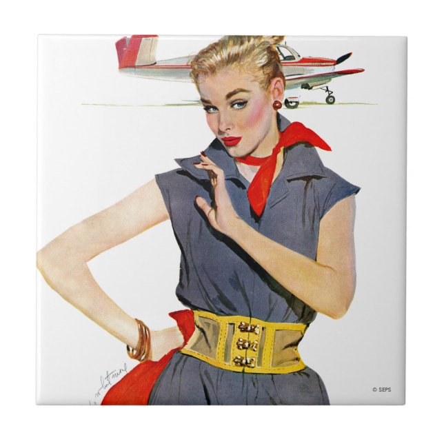 Flickan som studerar flygplan kakelplatta (Framsidan)