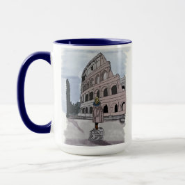 Flickan står framför Colosseum. Mugg