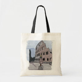 Flickan står framför Colosseum. Tygkasse