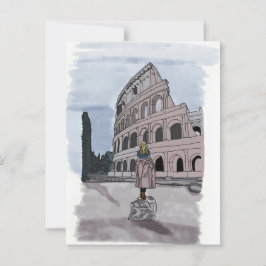 Flickan står framför Colosseum. Vykort