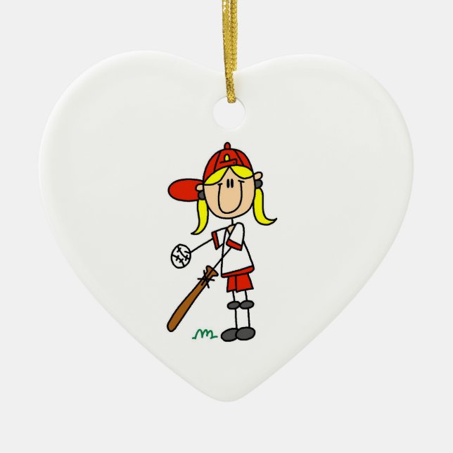 Flickan Stick figur Baseball uppe i Fladdermus Julgransprydnad Keramik (Framsidan)