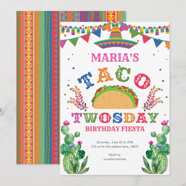 Flickan, Taco 2:a födelsedagen, Fiesta, Taco Twosd Inbjudningar (Fram/baksida)