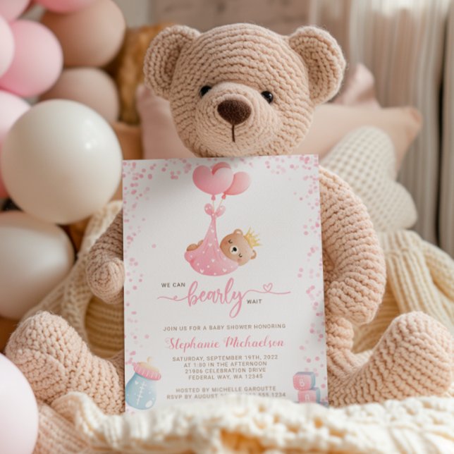 Flickan vi kan bota vänta på babyduschar och Bok-b Inbjudningar (Girl We Can Bearly Wait Baby Shower & Book Request Invitation)