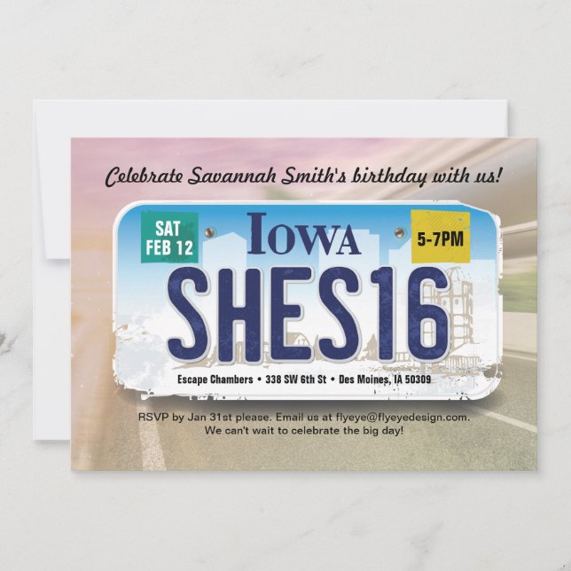 Flickans 16:e födelsedagsinbjudan till Iowa-licens Inbjudningar (Framsida)