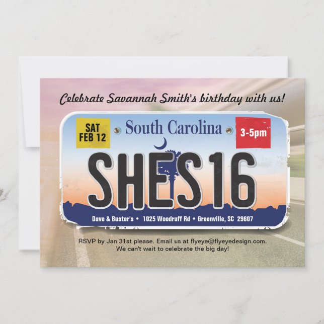 Flickans 16:e födelsedagslicens för South Carolina Inbjudningar (Framsida)