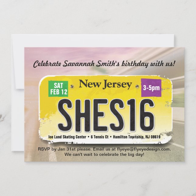 Flickans 16:e New jersey-födelsedagslicensinbjudan Inbjudningar (Framsida)