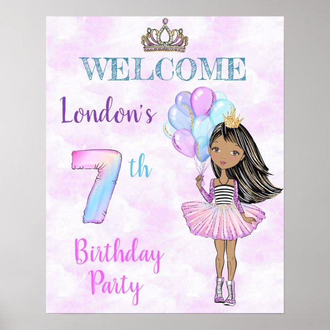Flickans 7-årsdag Prinsessa Afroamerikan Poster (Framsidan)