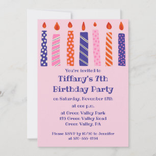 Flickans 7:e-födelsedag 7 Rosa, Lila Candles Party Inbjudningar