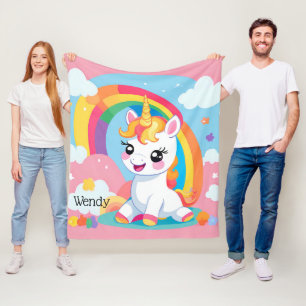 Flickans anpassade namn för Cute Unicorn Rainbow Fleecefilt