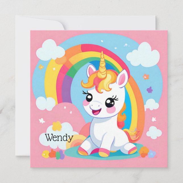 Flickans anpassade namn för Cute Unicorn Rainbow Inbjudningar (Framsida)