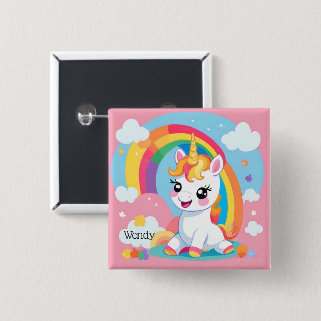 Flickans anpassade namn för Cute Unicorn Rainbow Knapp (Framsida & baksida)