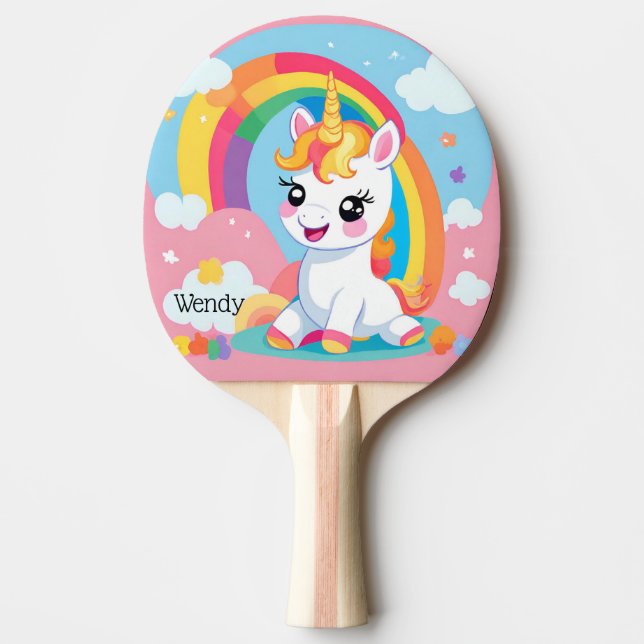 Flickans anpassade namn för Cute Unicorn Rainbow Pingisracket (Framsidan)