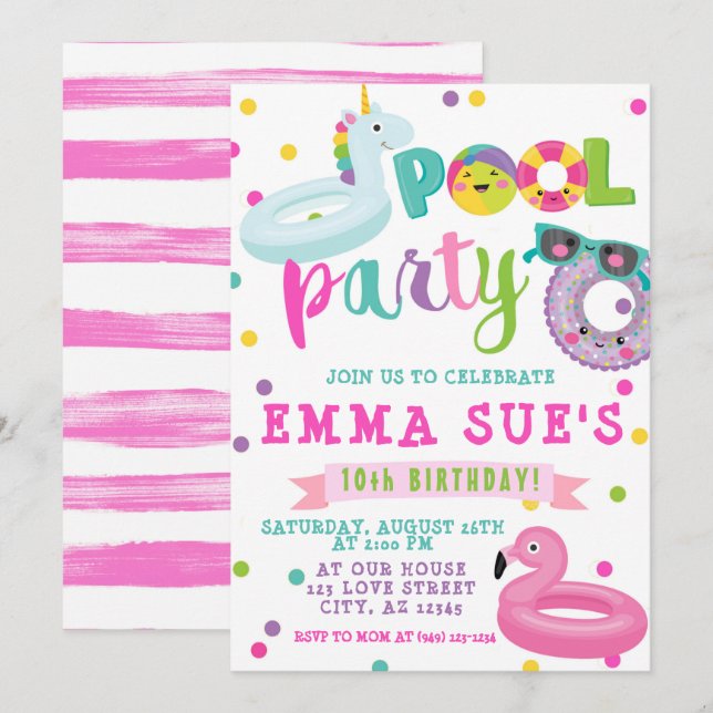 Flickans Bassäng Party Unicorn Flamingo Flyter föd Inbjudningar (Fram/baksida)