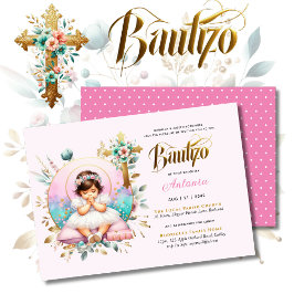 Flickans BAUTIZO Rosa Guld Blommigt Kor Inbjudningar