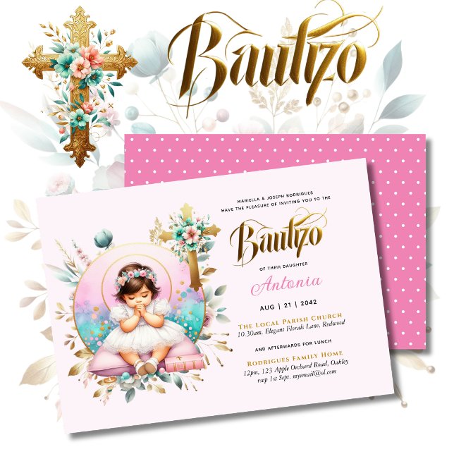 Flickans BAUTIZO Rosa Guld Blommigt Kor Inbjudningar (Skapare uppladdad)