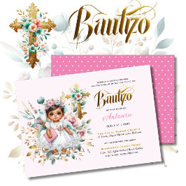Flickans BAUTIZO Rosa Guld Blommigt Kor Inbjudningar