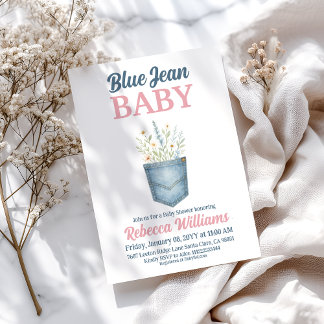 Flickans Blommigt Denim Pocket Blue Jean Baby Show Inbjudningar