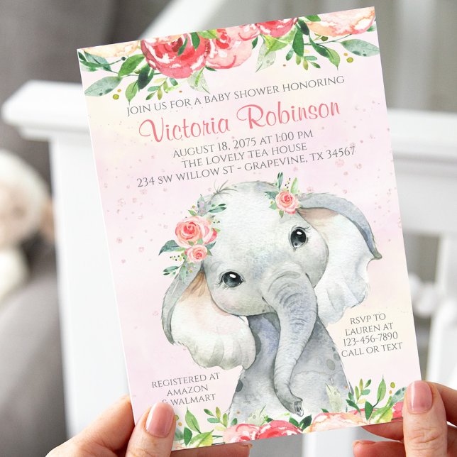 Flickans Blommigt Elephant Baby Shower Inbjudningar (Skapare uppladdad)