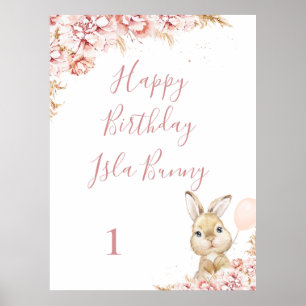 Flickans Boho Blommigt Bunny 1:a födelsedagsskylt Poster