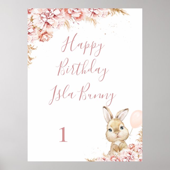 Flickans Boho Blommigt Bunny 1:a födelsedagsskylt Poster (Framsidan)