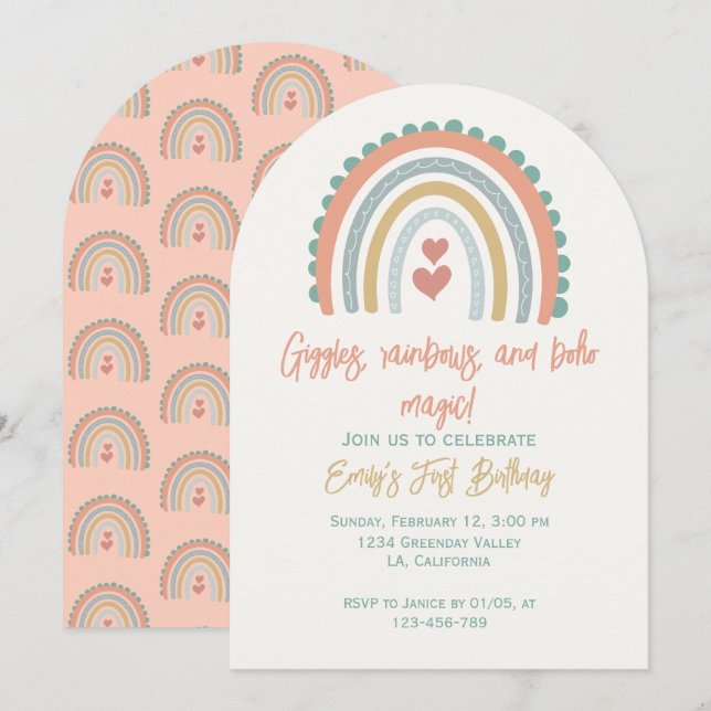 Flickans Boho-regnbågsdrömmar ljus korall Inbjudningar (Fram/baksida)