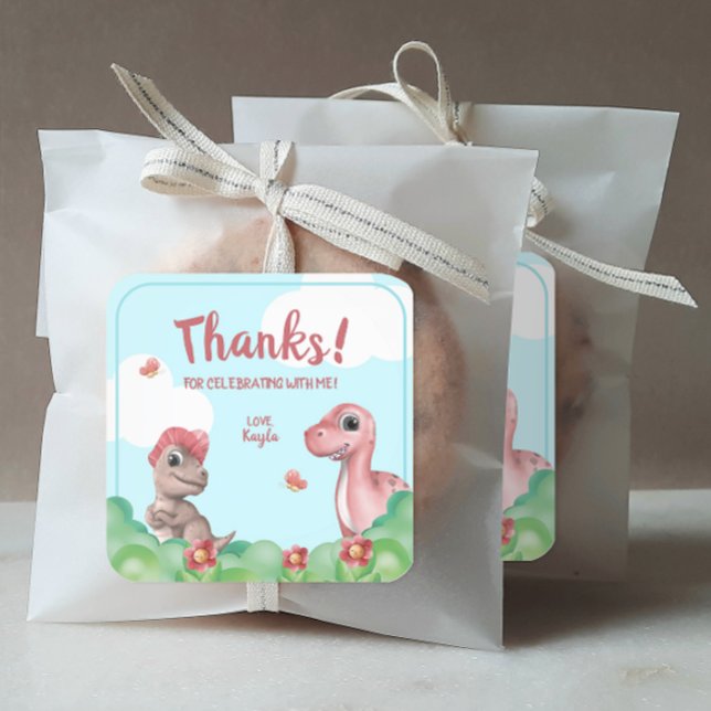 Flickans Dinosaur Birthday Tack Fyrkantigt Klistermärke (Personalized Girl's Dinosaur Birthday Party Stickers)