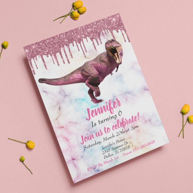 Flickans Dinosaur Rosa Glitter Tyrannosaurus Inbjudningar (Skapare uppladdad)