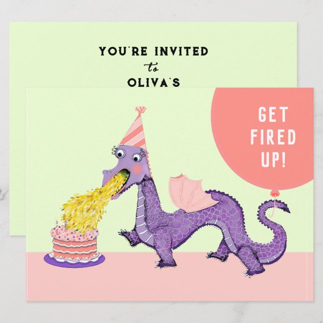Flickans Dragon Födelsedagsfest inbjudan (Fram/baksida)