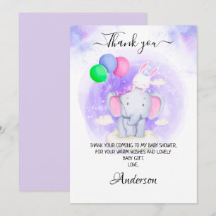 Flickans elefant, kanin med ballonger babyskor tack kort
