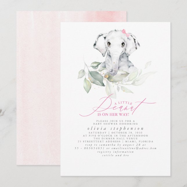 Flickans Elephant Watercolor Greenery Baby Shower Inbjudningar (Fram/baksida)