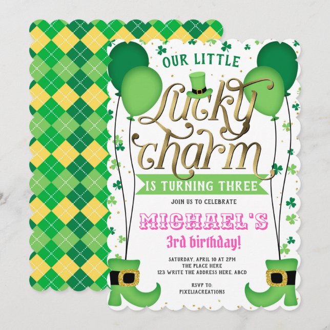 Flickans födelsedag, St patrick's day, Lucky Charm Inbjudningar (Fram/baksida)