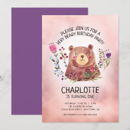 Flickans Födelsedagsfest Stutbjörn och blommor Inbjudningar