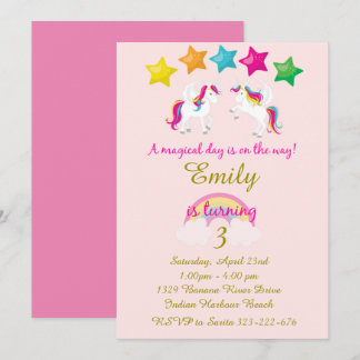 Flickans födelsedagsinbjudan till Unicorn, Rosa oc Inbjudningar