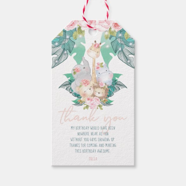 Flickans födelsedagsjungle Animals Tack Presentetikett (Framsidan)