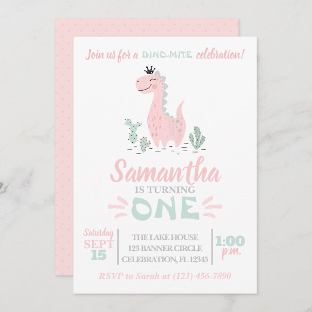 Flickans första födelsedag Dinosaur-inbjudan med v Inbjudningar (Fram/baksida)